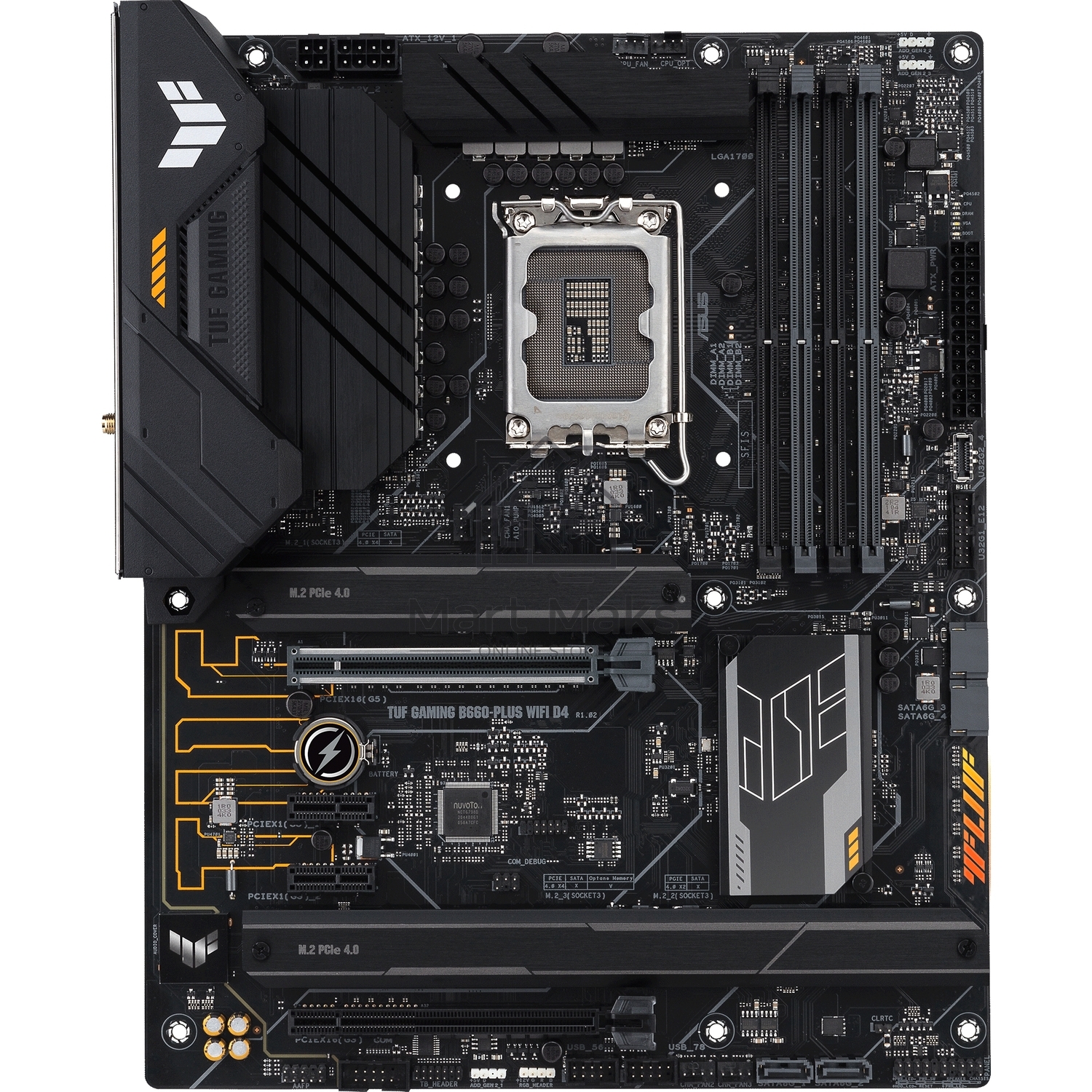 Материнская плата ASUS TUF GAMING B660-PLUS WIFI D4, LGA 1700, Intel B660, 4xDDR4, 4xSATA, 3xM.2, 1xPCI-E 5.0 x16, 1xPCI-E 3.0 x16 (x4), 1xHDMI, 1xDP, 1x 1Gb LAN, 3xUSB-A 3.2 Gen 1, 1xUSB-A 3.2 Gen 2, 2xUSB-A 2.0, 1xUSB-C 3.2 Gen 2x2, 3x3.5 мм, 7.1, ATX