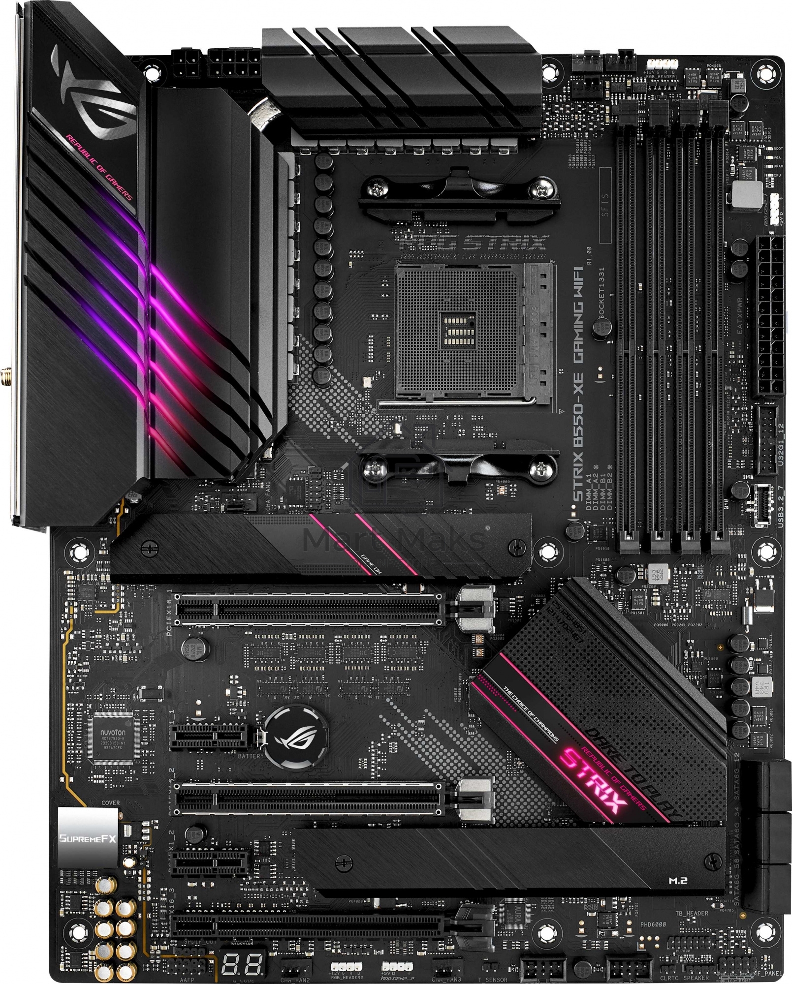 Материнская плата ASUS ROG STRIX B550-XE GAMING WIFI, AM4, AMD B550, 4xDDR4, 6xSATA, 2xM.2, 1xPCI-E 4.0 x16, 1xPCI-E 4.0 x8, 1xPCI-E 3.0 x4, 1xHDMI, 1xDP, 1x 2.5Gb LAN, 2xUSB-A 3.2 Gen 2, 1xUSB-C 3.2 Gen 2, 4xUSB 2.0, 5x3.5 мм, 7.1, Standard-ATX