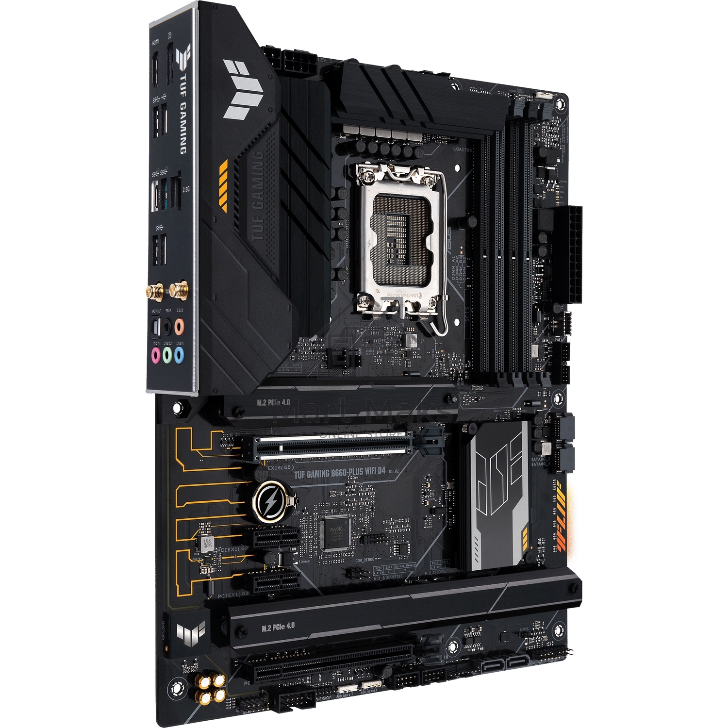 Материнская плата ASUS TUF GAMING B660-PLUS WIFI D4, LGA 1700, Intel B660, 4xDDR4, 4xSATA, 3xM.2, 1xPCI-E 5.0 x16, 1xPCI-E 3.0 x16 (x4), 1xHDMI, 1xDP, 1x 1Gb LAN, 3xUSB-A 3.2 Gen 1, 1xUSB-A 3.2 Gen 2, 2xUSB-A 2.0, 1xUSB-C 3.2 Gen 2x2, 3x3.5 мм, 7.1, ATX