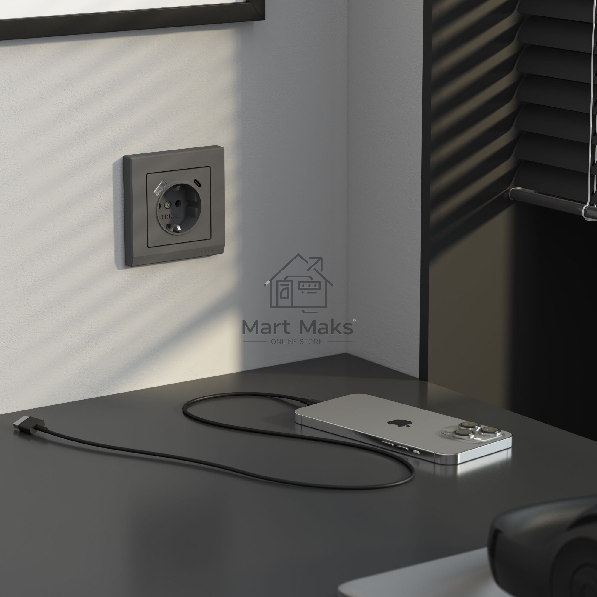 Розетка с заземлением, шторками и USB тип A+C (графит матовый)
