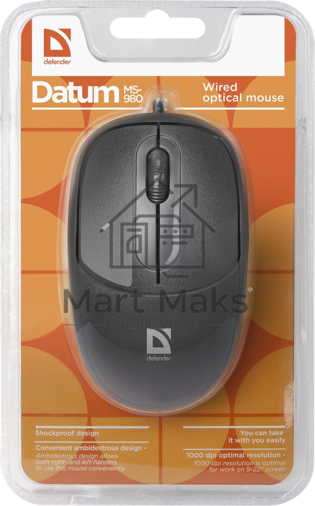 Мышь проводная Defender Datum MS-980 черный, 1000 dpi, USB, кнопки - 3