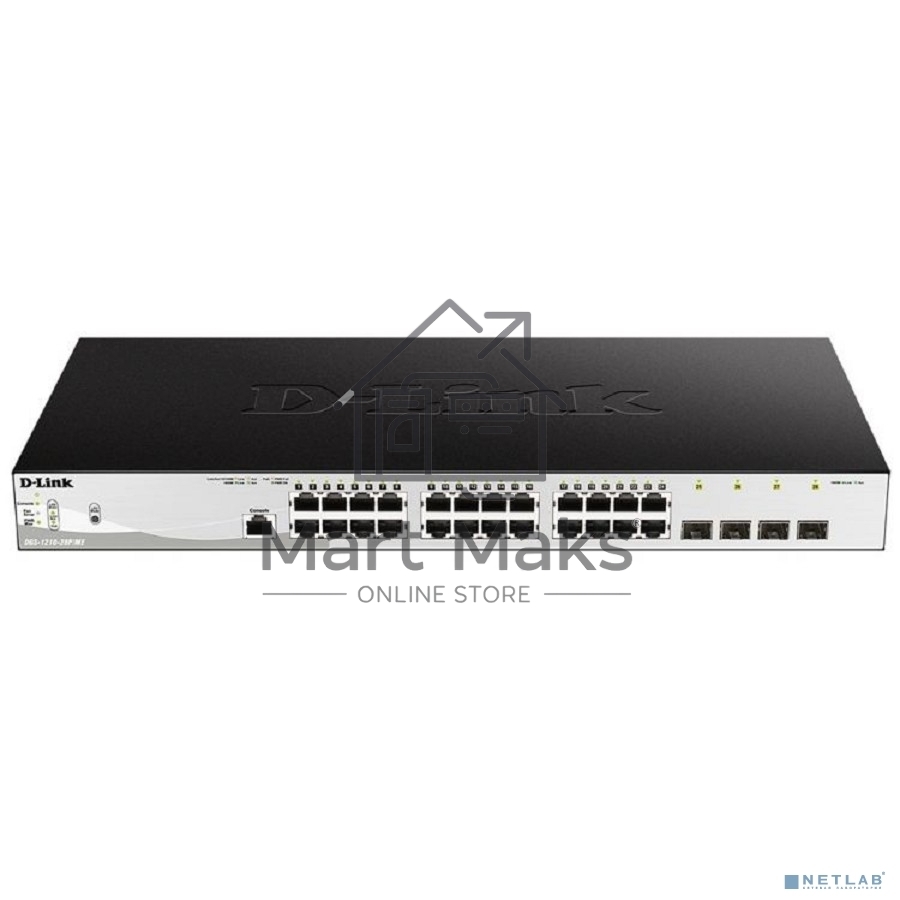 Управляемый коммутатор D-Link DGS-1210-28P/ME/B2A 2 уровня с 24 портами 10/100/1000Base-T и 4 портами 1000Base-X SFP (24 порта с поддержкой PoE 802.3af/802.3at (30 Вт), PoE-бюджет 193 Вт)