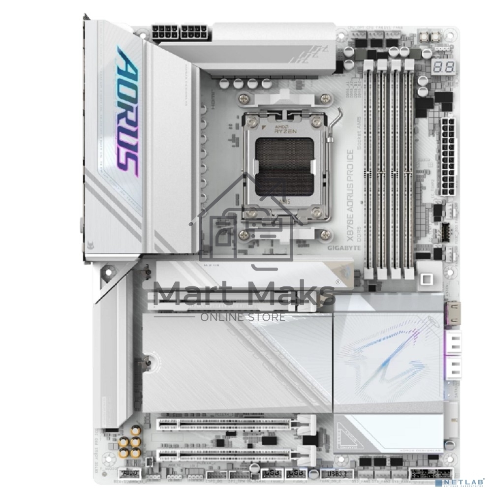 Материнская плата Gigabyte X870E AORUS PRO ICE, AM5, AMD X870E, 4xDDR5, 4xSATA, 4xM.2, 1xPCI-E 5.0 x16, 1xPCI-E 4.0 x4, 1xPCI-E 3.0 x4, 1xHDMI, 2xUSB-C, 1x 2.5Gb LAN, 2xUSB-A 3.2 Gen 2, 3xUSB-A 3.2 Gen 1, 2xUSB-A 2.0, 2x3.5 мм, TOSLINK, 7.1, 2xUSB4, 4xUSB