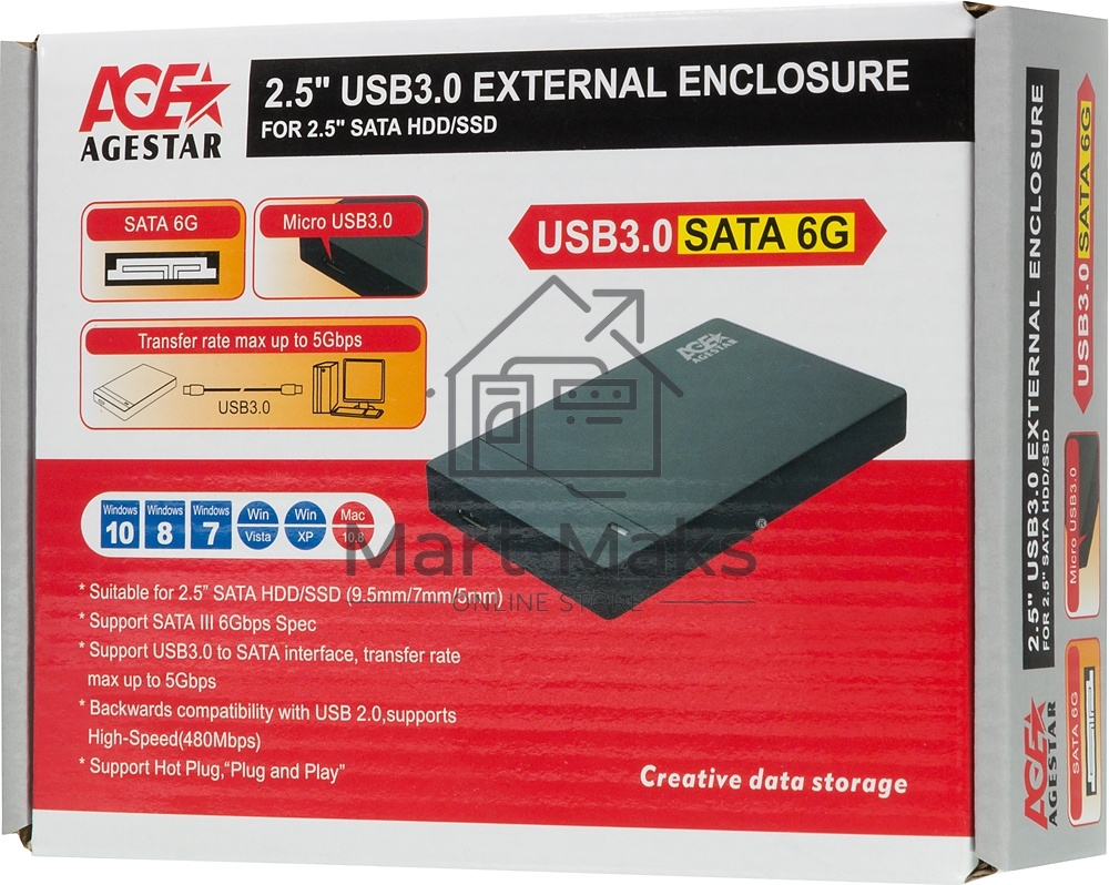 Внешний корпус для HDD AgeStar 3UB2P3 SATA III пластик черный 2.5