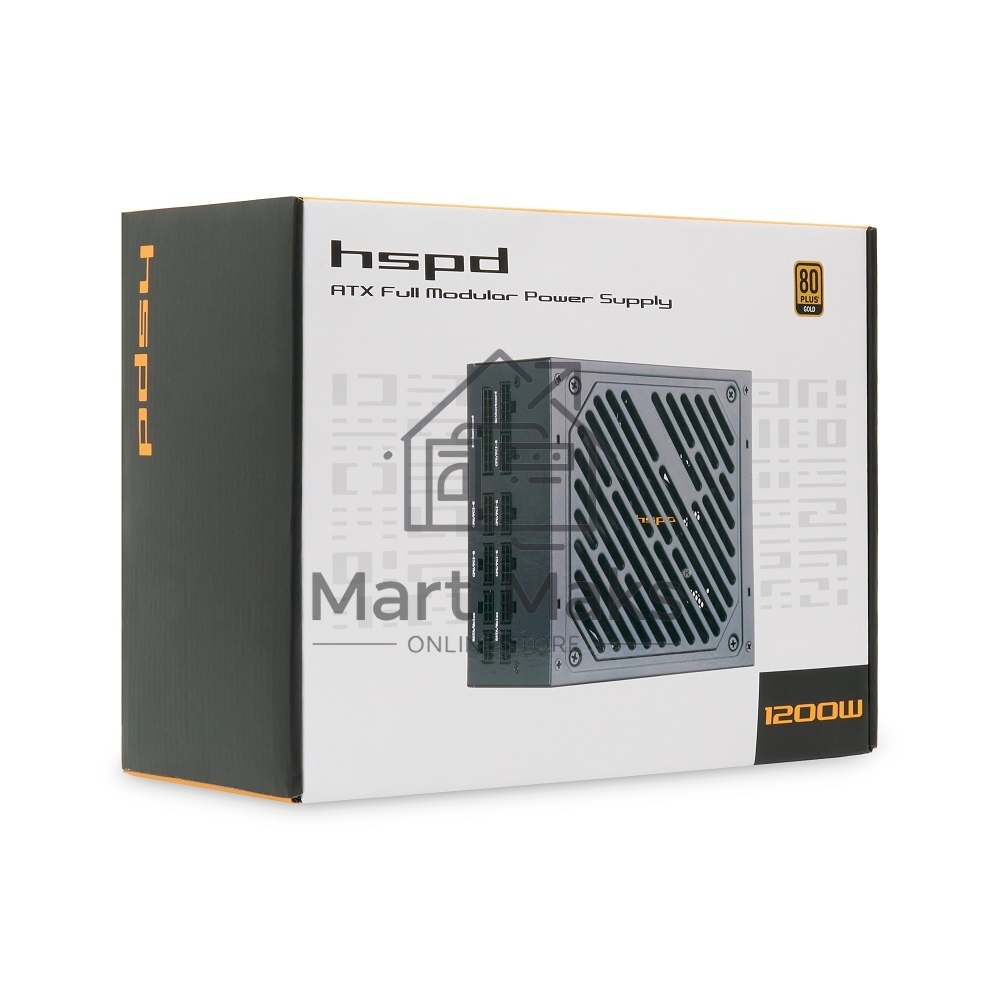 Блок питания Power Supply HSPD, 1200W 80 PLUS Gold (ATX, 2.52, Full modular, 1x24(20+4)pin 600мм, 2xCPU 8(4+4)pin 700мм, 2xPCIe*2 8(6+2)pin 600+150мм, 2xSATA*3 500+150+150мм, 1xMOLEX*3 500+150+150мм, Active, 120x120мм, 150x140x86мм, APFC, OVP, OPP, SCP, UVP, OCP, OTP, NLO, SIP, black)