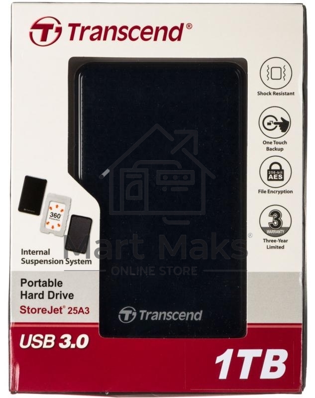 Внешний Жесткий диск Transcend USB 3.0 1Tb TS1TSJ25A3K StoreJet 25A3 2.5