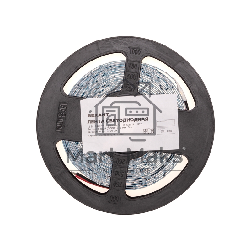 Лента светодиодная 12В, SMD2835, 9,6Вт/м, 60 LED/м, 3000K, 8мм, 5м, IP20 Rexant