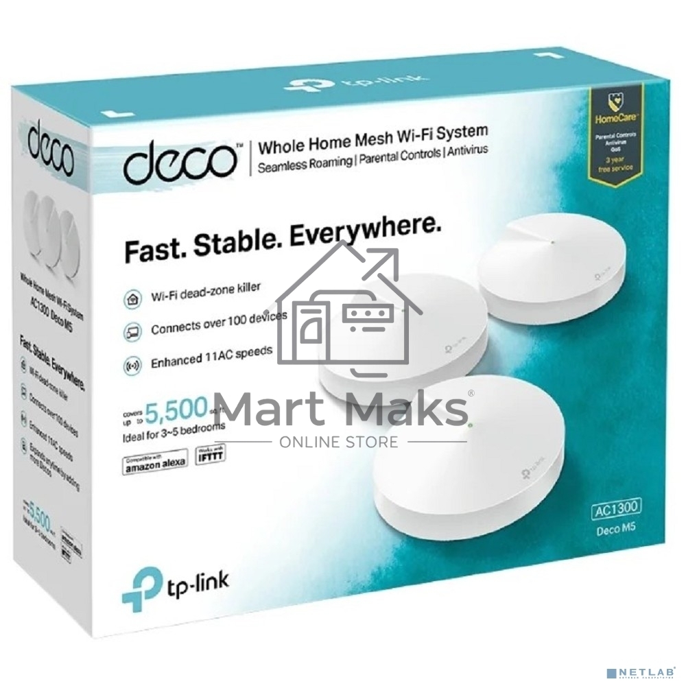 Маршрутизатор TP-Link TP-Link DECO M5(3-PACK) AC1300 Домашняя Wi-Fi система, чипсет Qualcomm, два диапазона (Dual-Band), поддержка стандартов 802.11ac/a/b/g/n, 717 МГц четырёхъядерный процессор, Bluetooth 4.2, 2 гигабитных порта Ethernet, 1 порт USB Type-
