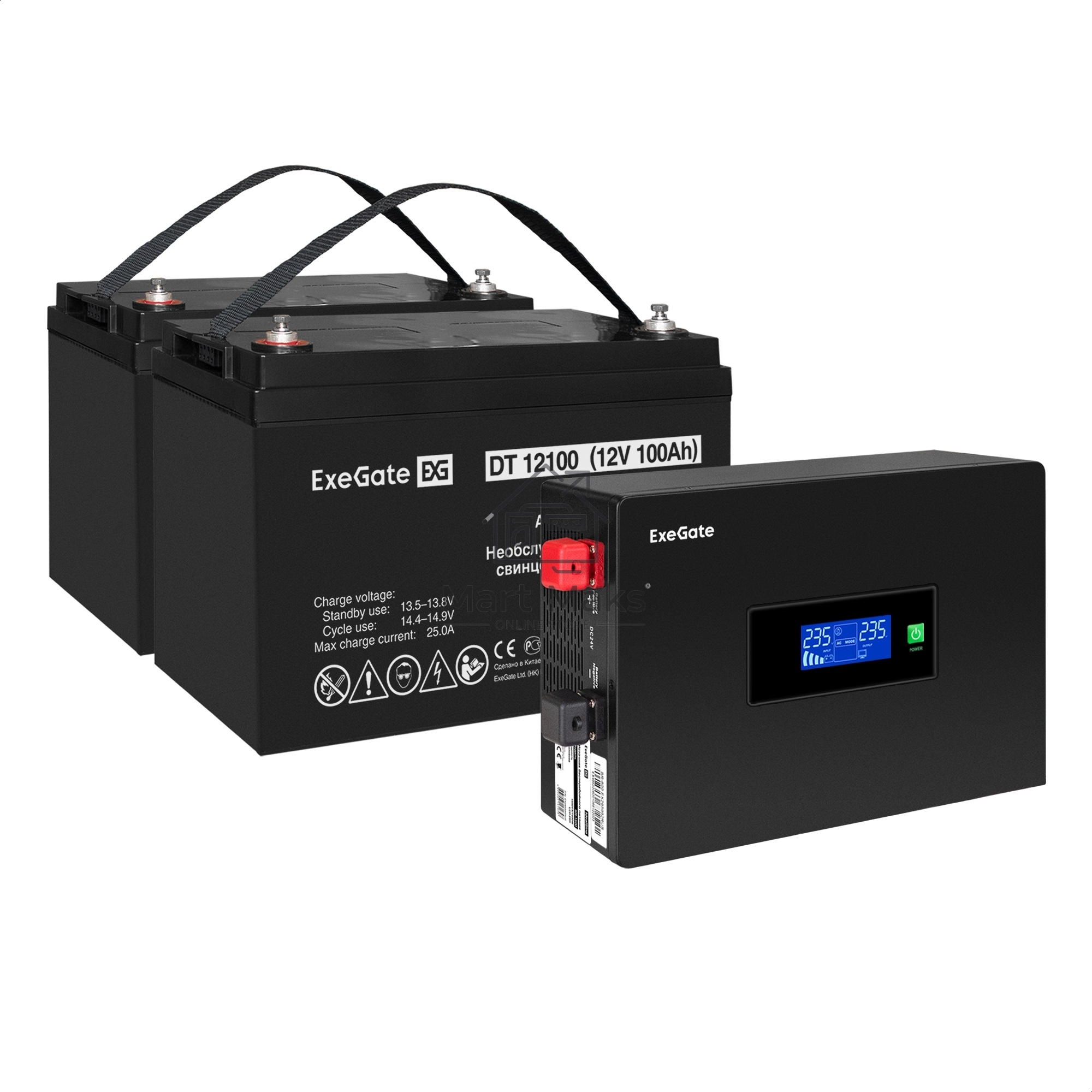 Комплект Источник бесперебойного питания EX295994RUS + батарея 100Aч EX282985RUS 2шт (инвертор, синус, для котла, PF=1, настенный) ExeGate IdealSine SR-1500.LCD.2SH  <1500VA/1500W, чистая синусоида, цветной LCD-дисплей, 2*Schuko, крепление настенное, Blac