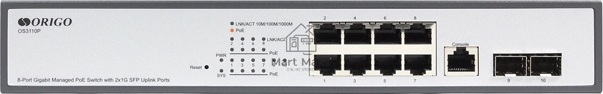 Коммутатор Managed L2 Switch 8x1000Base-T PoE, 2x1000Base-X SFP, PoE Budget 135W, RJ45 Console, 19