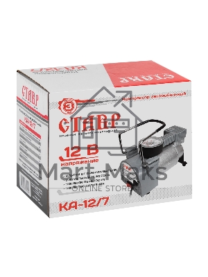 Компрессор автомобильный СТАВР КА-12/7(12В, рабочее давление 7Атм, максимальное давление 10Атм, максимальный ток потребления 14А, производительность 35 л/мин, диаметр цилиндра 30мм, длина шланга компрессора 1м, длина шнура питания 2м, вес 1,85кг.)