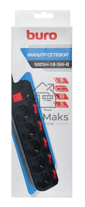 Сетевой фильтр Buro 500SH-1.8-SW-B 1.8м (5 розеток) черный (коробка)