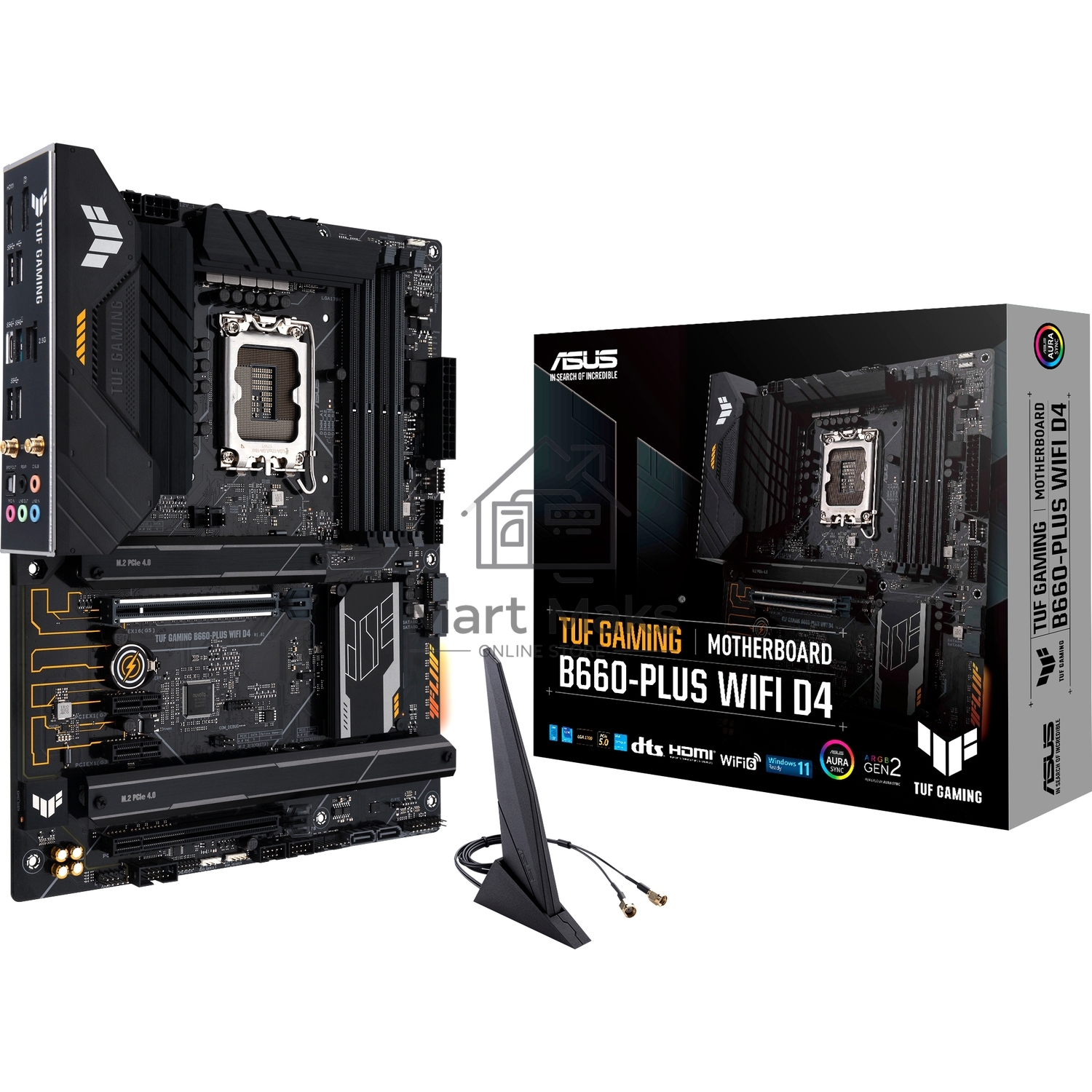 Материнская плата ASUS TUF GAMING B660-PLUS WIFI D4, LGA 1700, Intel B660, 4xDDR4, 4xSATA, 3xM.2, 1xPCI-E 5.0 x16, 1xPCI-E 3.0 x16 (x4), 1xHDMI, 1xDP, 1x 1Gb LAN, 3xUSB-A 3.2 Gen 1, 1xUSB-A 3.2 Gen 2, 2xUSB-A 2.0, 1xUSB-C 3.2 Gen 2x2, 3x3.5 мм, 7.1, ATX