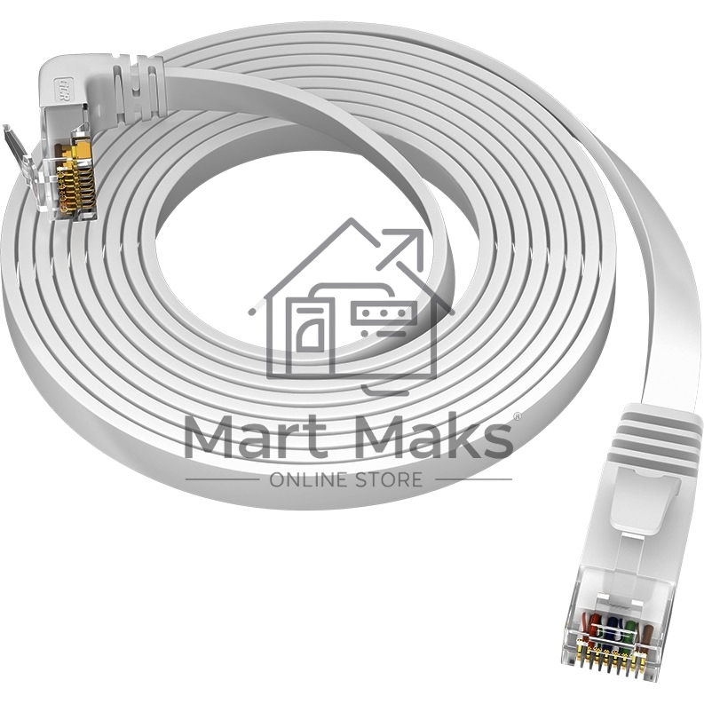 Патч-корд GCR PROF плоский 3.0m, UTP медь кат.6, белый, нижний угол, ethernet high speed 10 Гбит/с, RJ45, T568B