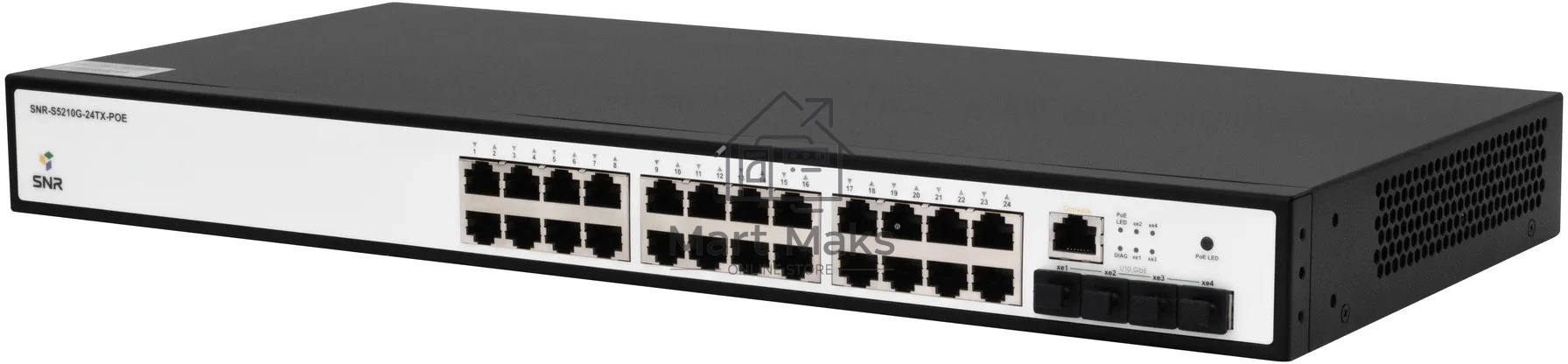 Управляемый коммутатор SNR уровня 2+, 24 порта 10/100/1000Base-T с поддержкой POE, 4 порта 1/10G SFP+, бюджет POE 370W