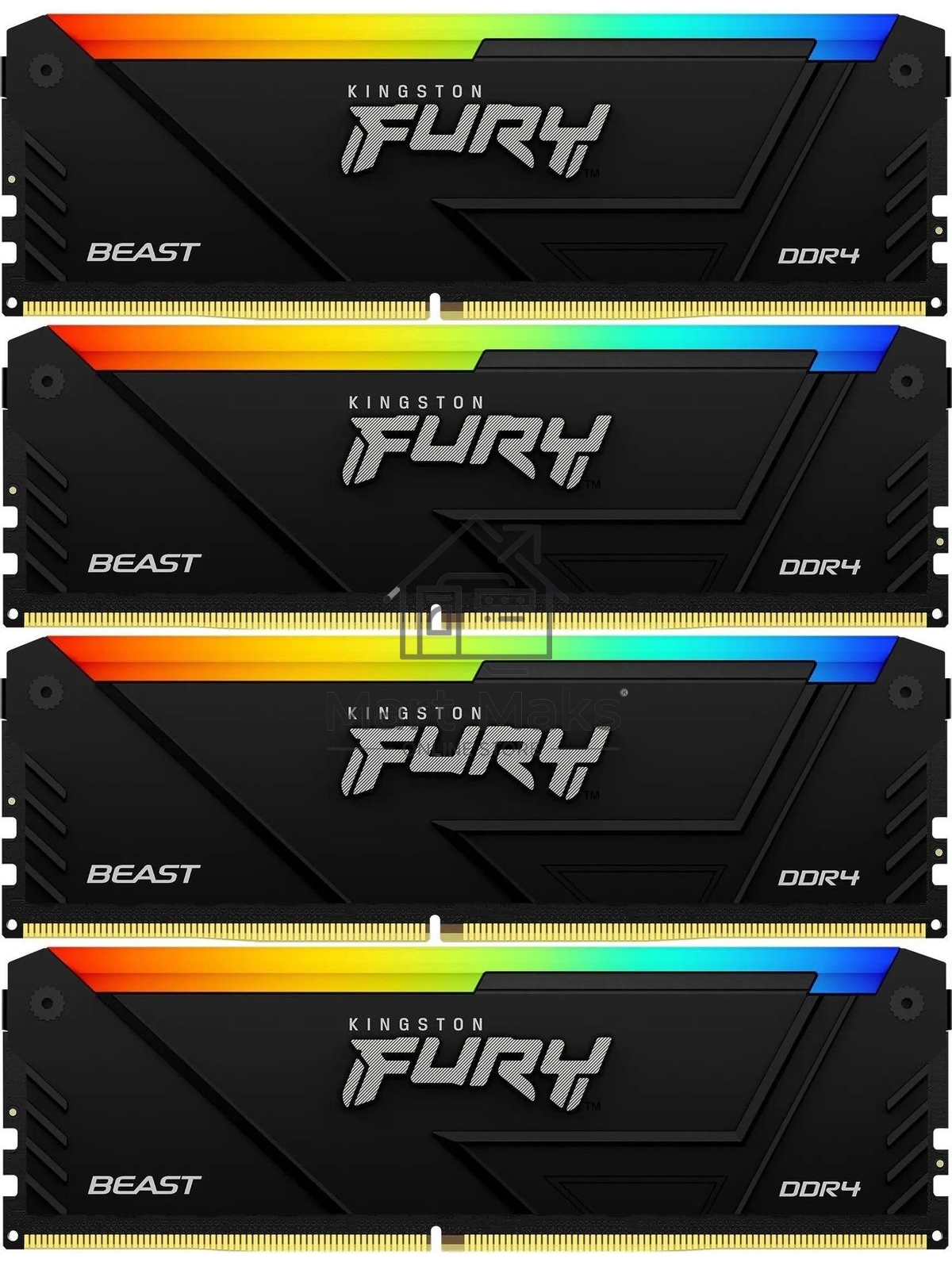 Оперативная память Kingston Fury Beast, DDR4, 32GB (4x8GB), 3600MHz, CL17, DIMM, с радиаторами, RGB, черный