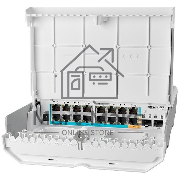 Коммутатор MikroTik netPower 15FR with 800MHz CPU, 256MB RAM, 16 x 10/100Mbps Ethernet ports (15 with Reverse POE-in, 1 with PoE-OUT), 2 x SFP, RouterOS L5 or SwitchOS (dual boot), outdoor enclosure, mounting ki