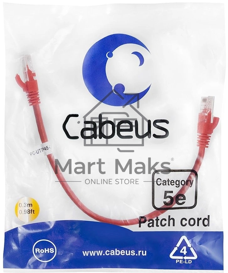 Патч-корд Cabeus PC-UTP-RJ45-Cat.5e-0.3m-RD Cat.5e, неэкр., U/UTP, RJ45/RJ45, PVC, AWG24, 0.3м, красный