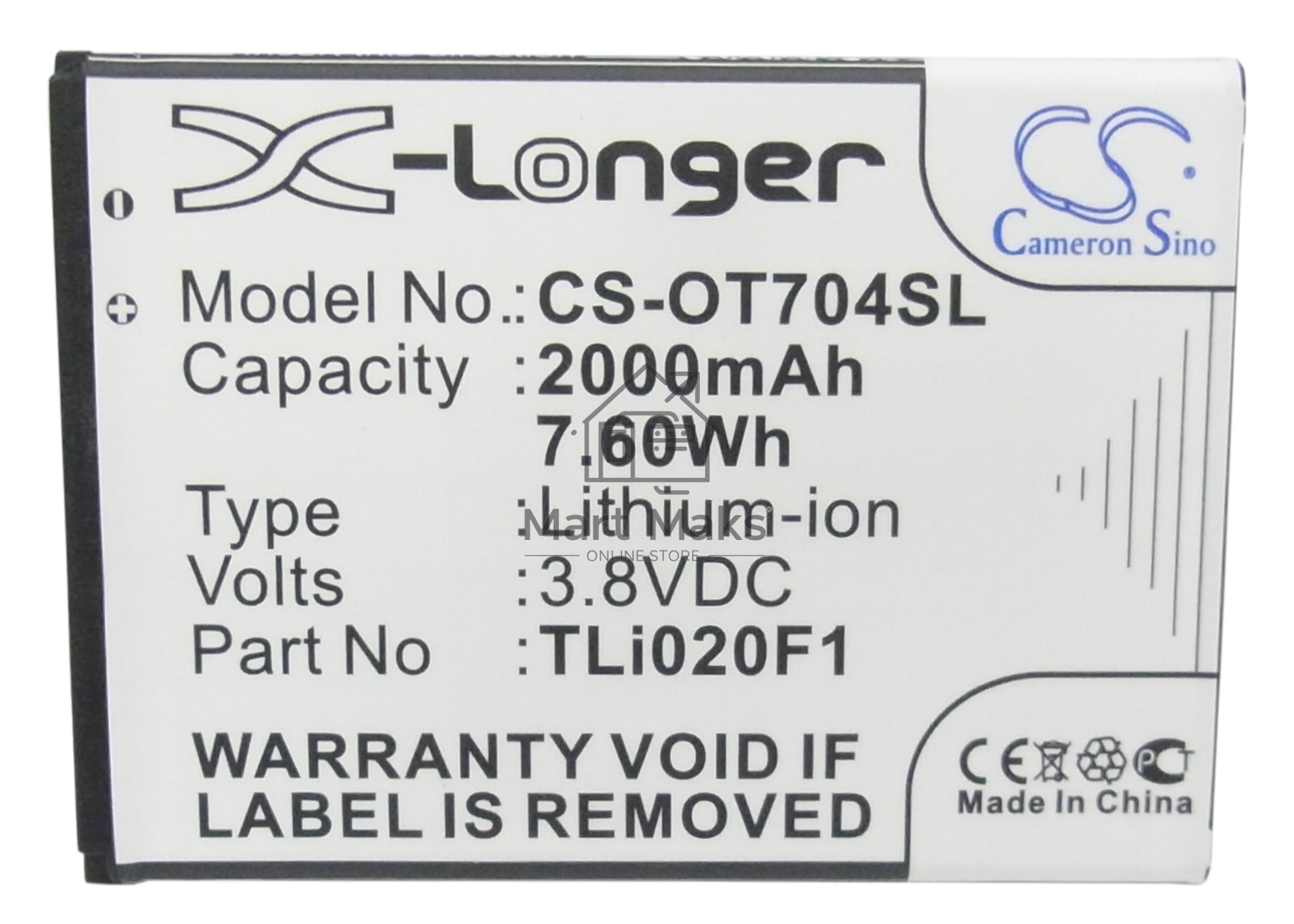 Аккумулятор CameronSinoCS-OT704SL TLi020F1 для Alcatel One Touch 7040, 7041, 6036, 5042 3.8V / 2000mAh / 7.60Wh