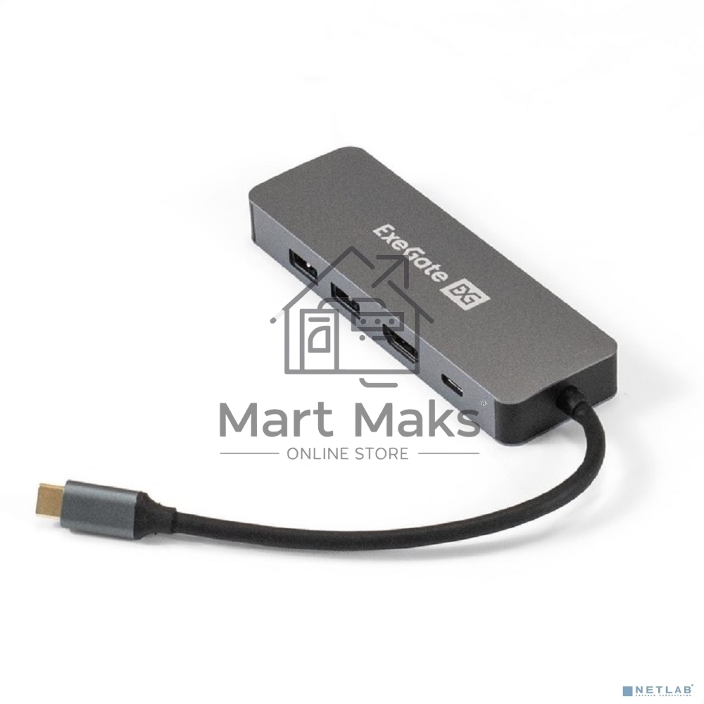 Док-станция ExeGate DUB-21C/PD/HL (кабель-адаптер USB Type-C --> 2xUSB3.0 + PD 100W + HDMI 4K@60Hz + Lan RJ45 10/100/1000Mb, Plug&Play, серая)