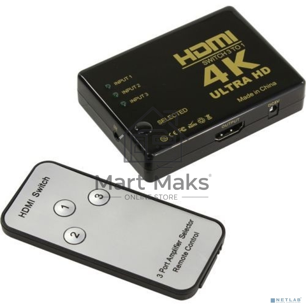 Адаптер ORIENT HDMI 4K Switch HS0301H-IR 3->1, HDMI 1.4/3D, UHDTV 4K(3840x2160)/HDTV1080p/1080i/720p, HDCP1.2, внешний ИК приемник, пульт ДУ, питание от HDMI, пл.корпус (30675)