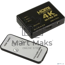 Адаптер ORIENT HDMI 4K Switch HS0301H-IR 3->1, HDMI 1.4/3D, UHDTV 4K(3840x2160)/HDTV1080p/1080i/720p, HDCP1.2, внешний ИК приемник, пульт ДУ, питание от HDMI, пл.корпус (30675)