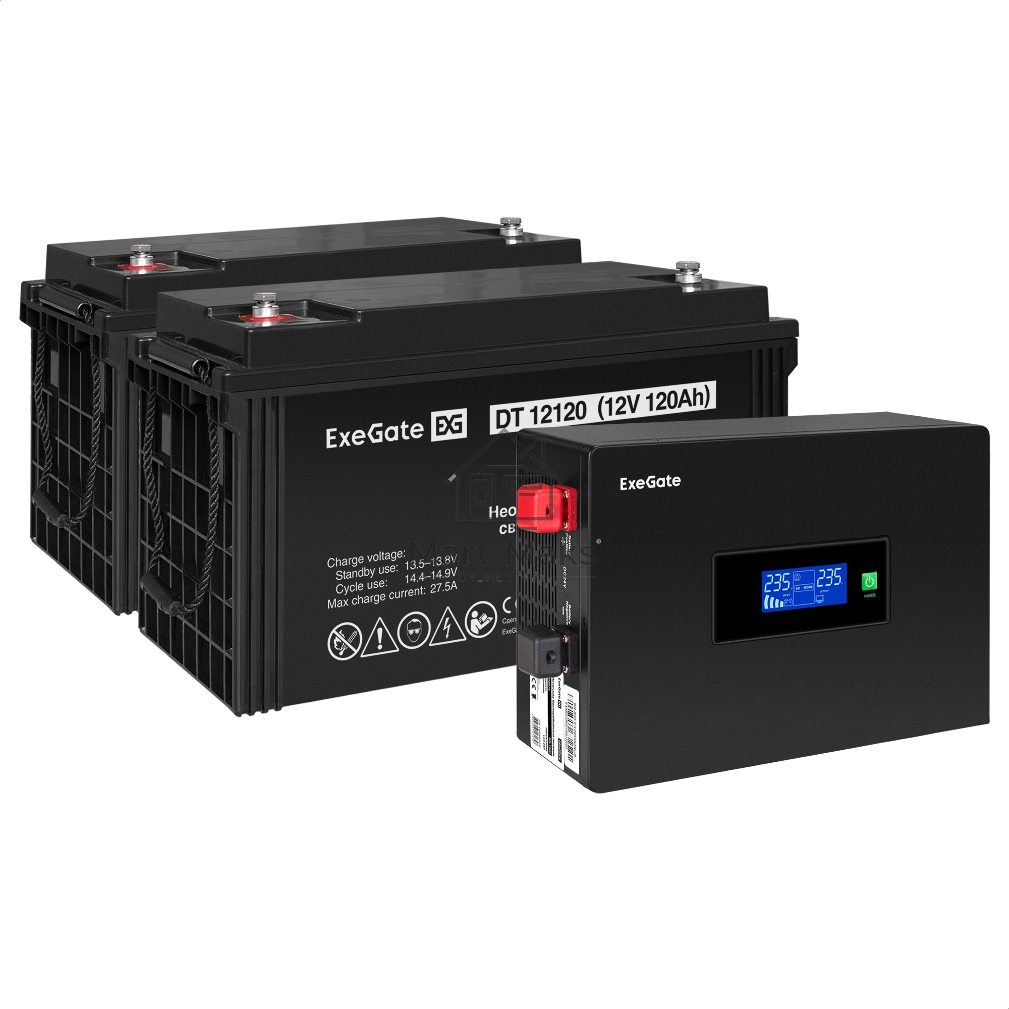 Комплект Источник бесперебойного питания EX295994RUS + батарея 120Aч EX282988RUS 2шт (инвертор, синус, для котла, PF=1, настенный) ExeGate IdealSine SR-1500.LCD.2SH  <1500VA/1500W, чистая синусоида, цветной LCD-дисплей, 2*Schuko, крепление настенное, Blac