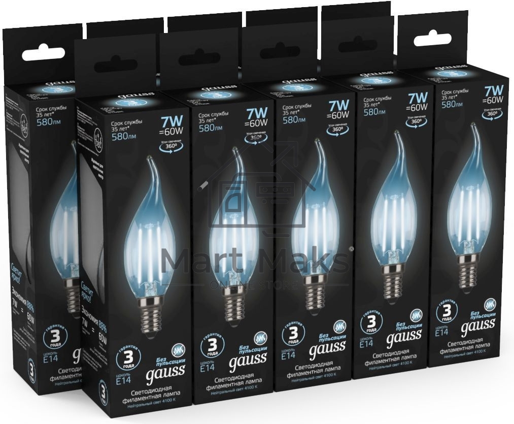 Светодиодная лампа GAUSS 104801207 LED Filament Свеча на ветру E14 7W 580lm 4100К 1/10/50