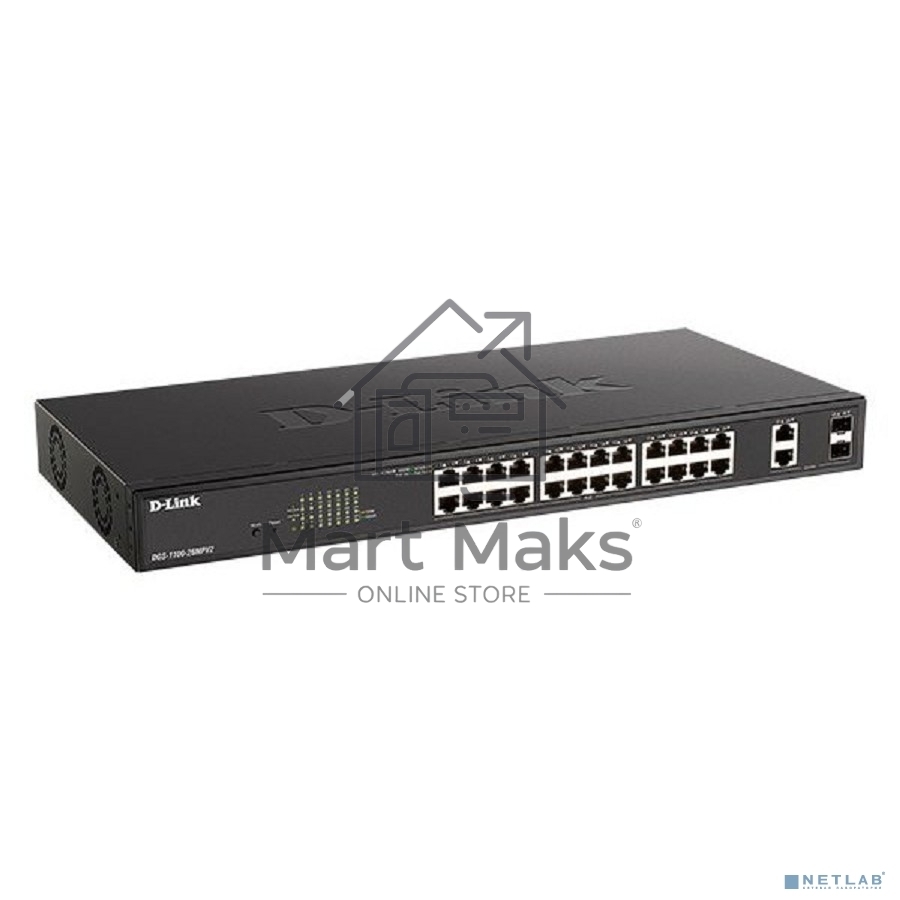 Настраиваемый L2 коммутатор D-Link DGS-1100-26MPV2/A3A с 24 портами 10/100/1000Base-T и 2 комбо-портами 1000Base-T/SFP (24 порта PoE 802.3af/at, PoE-бюджет 370 Вт)