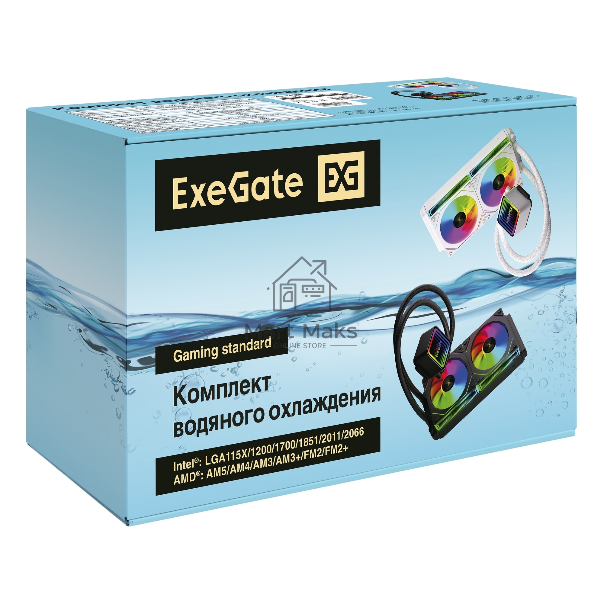 Комплект водяного охлаждения ExeGate BlackWater-240.PRISM.PWM.ARGB.Black (3 PIN 5V ADDRESSABLE RGB подсветка, LGA1954/1851/1700/1200/115x/2066/2011/AM5/AM4, TDP 260W, 2x Fan 120mm 4pin PWM 600-1800RPM Hydro bearing, помпа 3pin 2700RPM, макс. шум 37db, с термопастой, на винтах, черный, RET)
