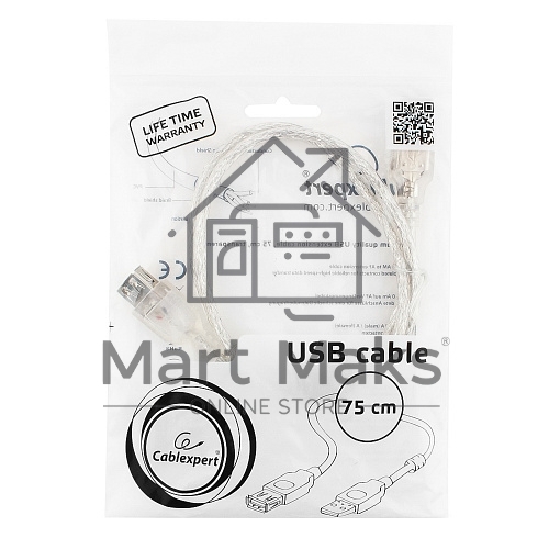 Кабель удлинитель USB2.0 Pro Cablexpert CCF-USB2-AMAF-TR-0.75M, AM/AF, 0,75м, экран, 2феррит.кольца, прозрачный, пакет