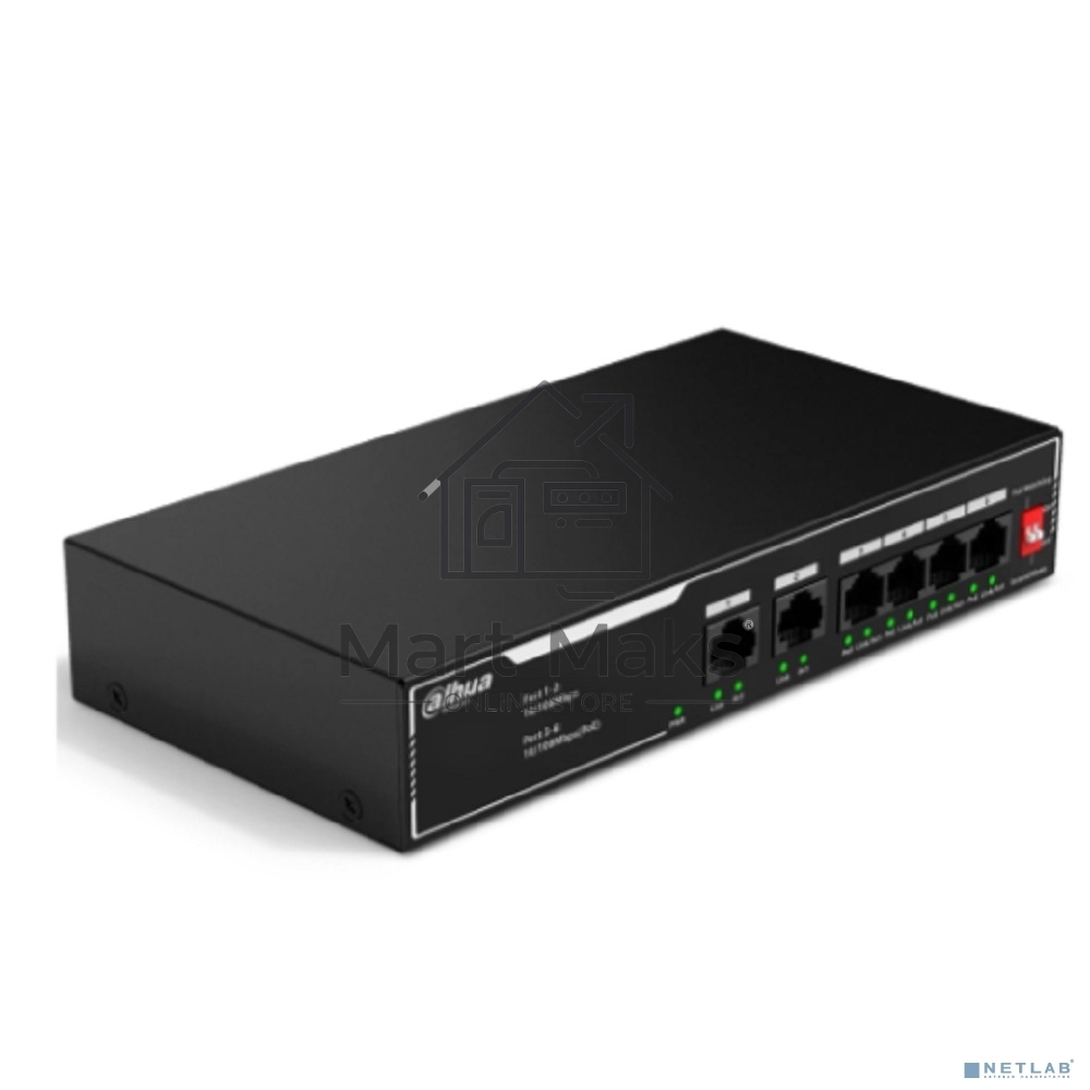 Коммутатор неуправляемый 6-портовый с РоЕ Dahua DH-SF1006LP, 4xRJ45 100Mb PoE, 2xRJ45 100Mb uplink, суммарно 36Вт, коммутация 1.2 Гбит/с, MAC-таблица 2K, металл