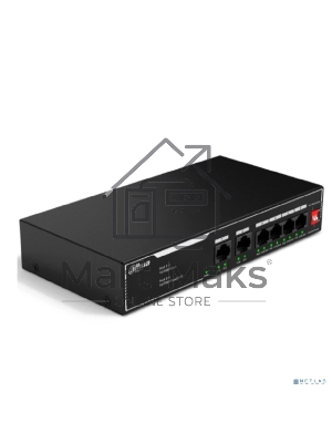 Коммутатор неуправляемый 6-портовый с РоЕ Dahua DH-SF1006LP, 4xRJ45 100Mb PoE, 2xRJ45 100Mb uplink, суммарно 36Вт, коммутация 1.2 Гбит/с, MAC-таблица 2K, металл