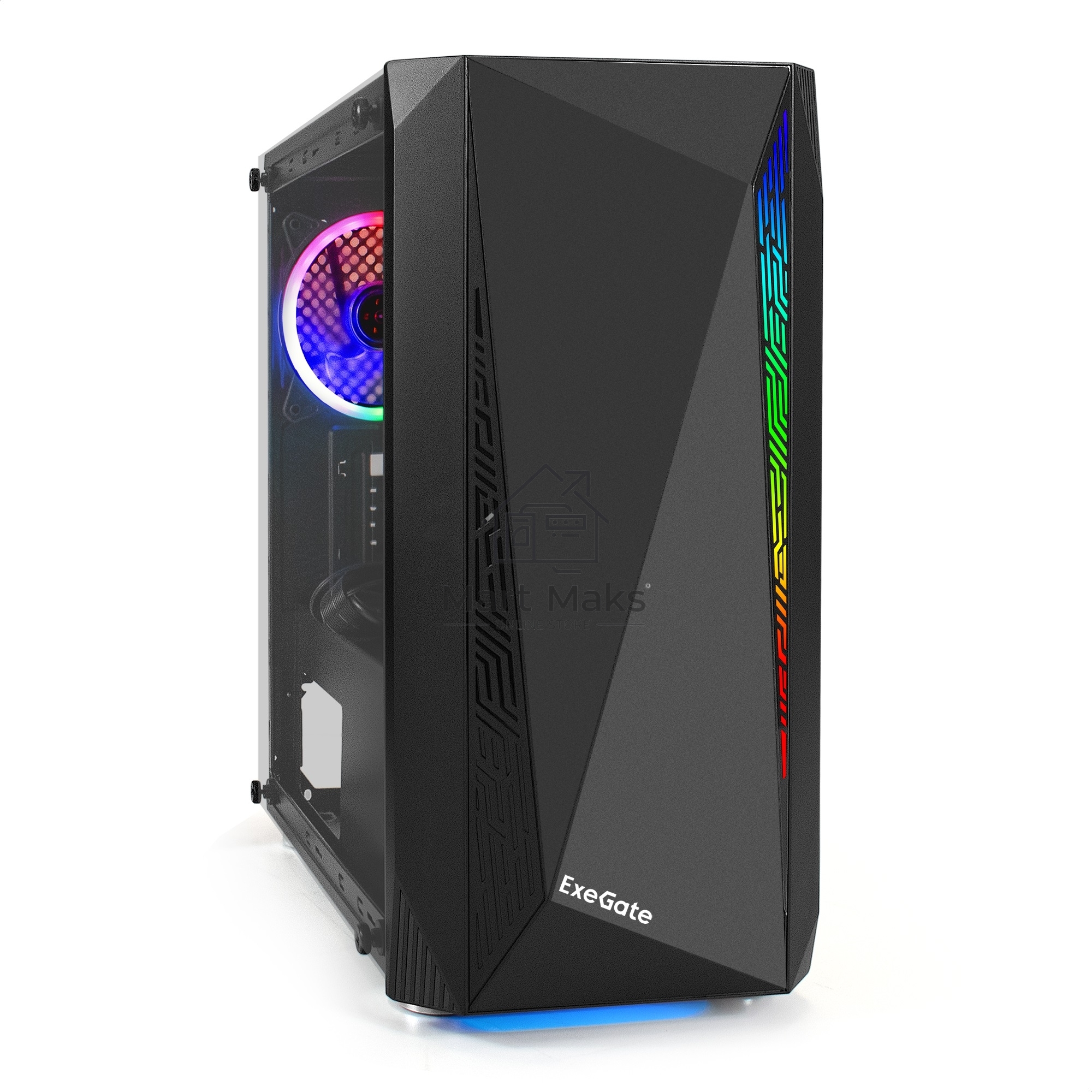 Компьютерный корпус Minitower ExeGate Mistery R2-NPX400 (mATX, БП 400NPX с вент. 12 см, 2*USB+1*USB3.0, аудио, черный, 1 вент. 12см с RGB подсветкой и полоса на передней панели, боковая панель - закаленное стекло)
