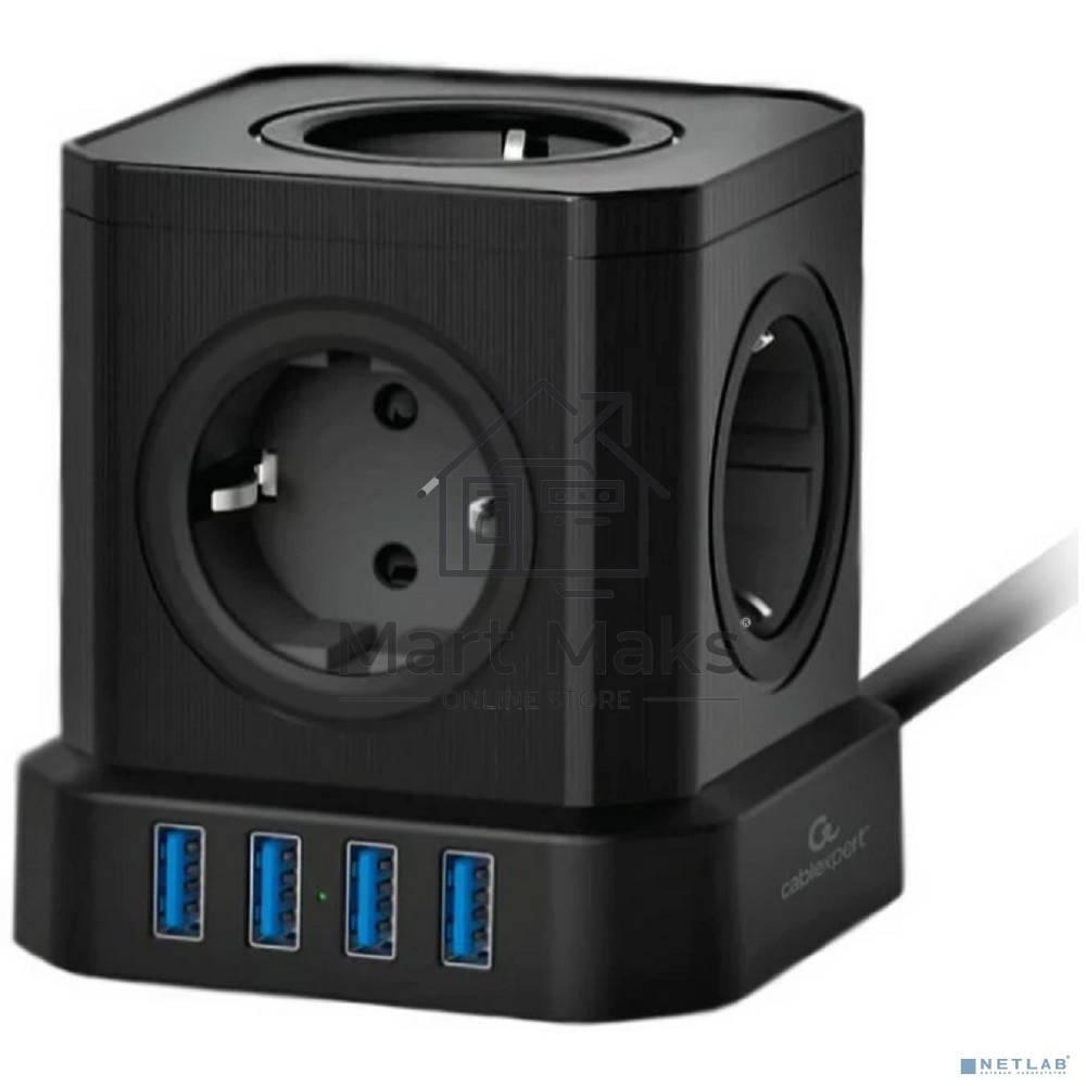 Сетевой фильтр Cablexpert Tower, TWR-5-U4-B-2, 5р, 10А, 4хUSB, 3.1А, 2м, ур.защиты 4+, черный, коробка
