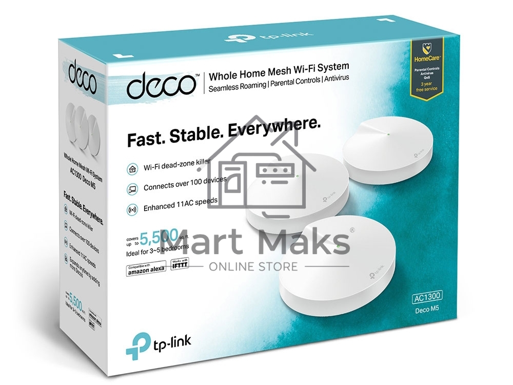 Маршрутизатор TP-Link TP-Link DECO M5(3-PACK) AC1300 Домашняя Wi-Fi система, чипсет Qualcomm, два диапазона (Dual-Band), поддержка стандартов 802.11ac/a/b/g/n, 717 МГц четырёхъядерный процессор, Bluetooth 4.2, 2 гигабитных порта Ethernet, 1 порт USB Type-