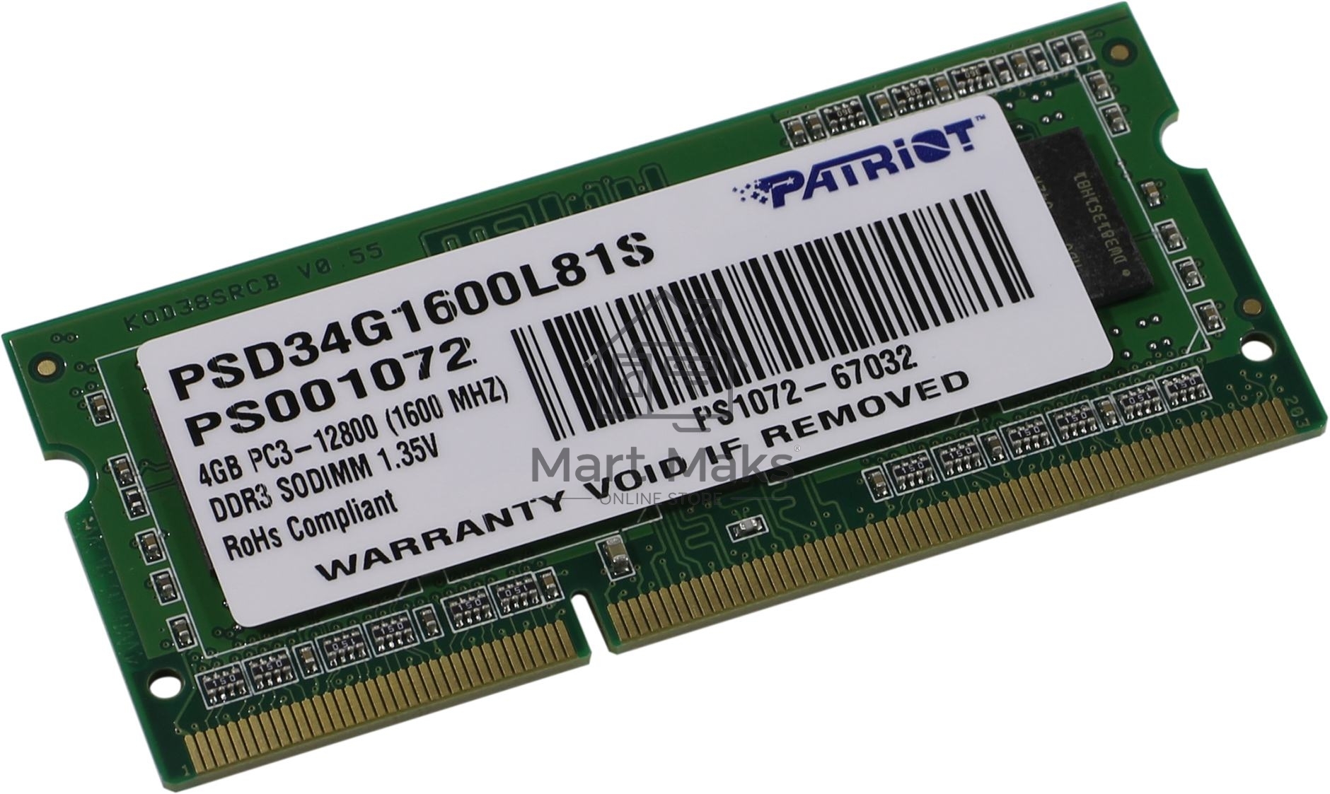 Оперативная память Patriot, DDR3L, 4GB (1x4 GB), 1600 MHz, CL11, SO-DIMM