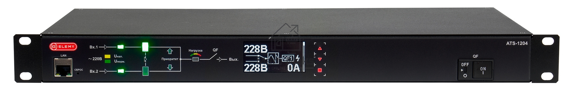 Автоматический ввод резерва ELEMY RACK ATS, 1U, 220В, 32А, OLED, Ethernet, in (2) IEC309, out (2) C19 (9) C13