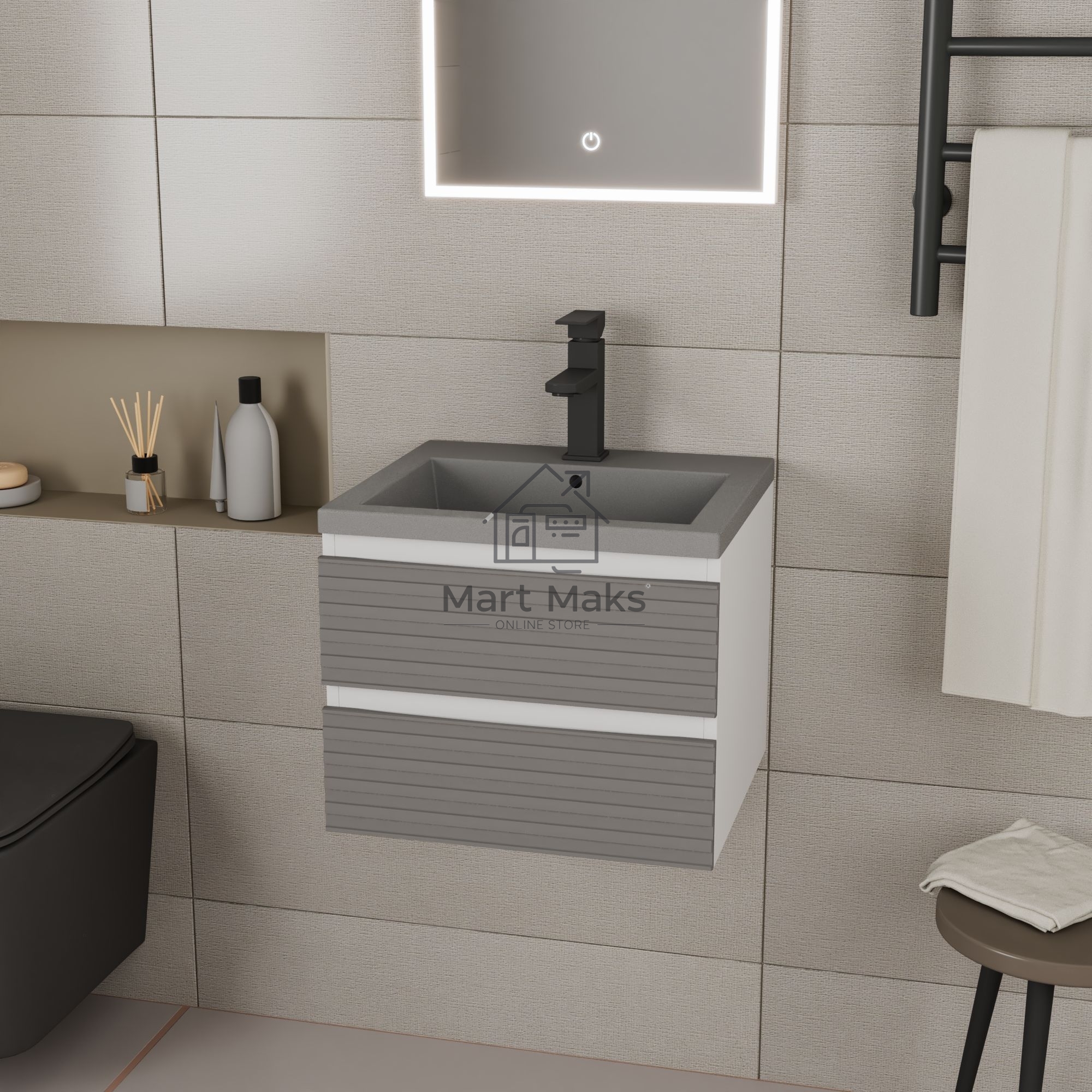 Тумба под раковину Bau Stil Loft grey brushed, раковина кварцевая BAU Stil 50, серый металлик