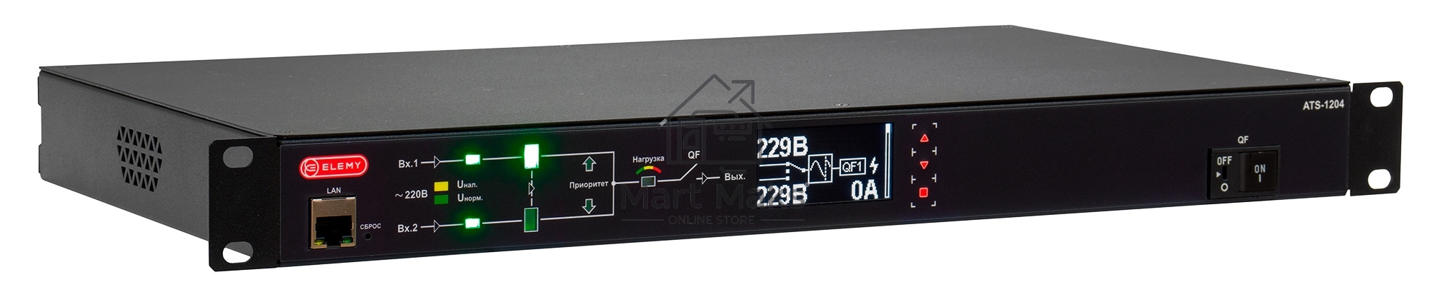 Автоматический ввод резерва ELEMY RACK ATS, 1U, 220В, 32А, OLED, Ethernet, in (2) IEC309, out (2) C19 (9) C13