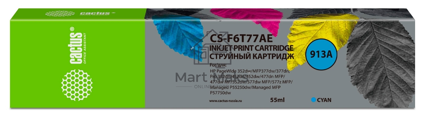 Картридж струйный Cactus CS-F6T77AE (913A) голубой (55 мл) для HP PW 352dw/377dw/Pro 477dw/452dw