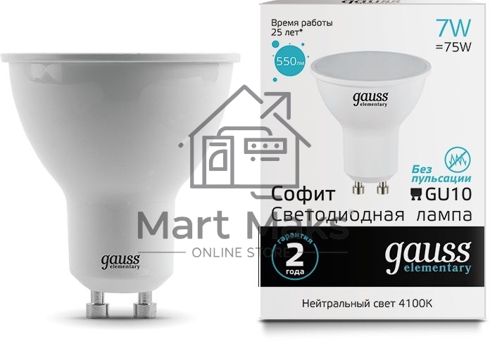 Лампа светодиодная Gauss Elementary MR16 7Вт цок.:GU10 спот 220B 4100K св.свеч.бел.нейт. MR16 (упак.:10шт) (13627)