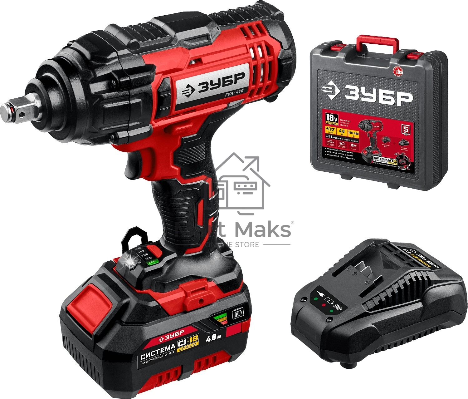 Гайковерт ЗУБР 18В, 1 АКБ (4Ач), в кейсе, ударный. ГУЛ-410-41