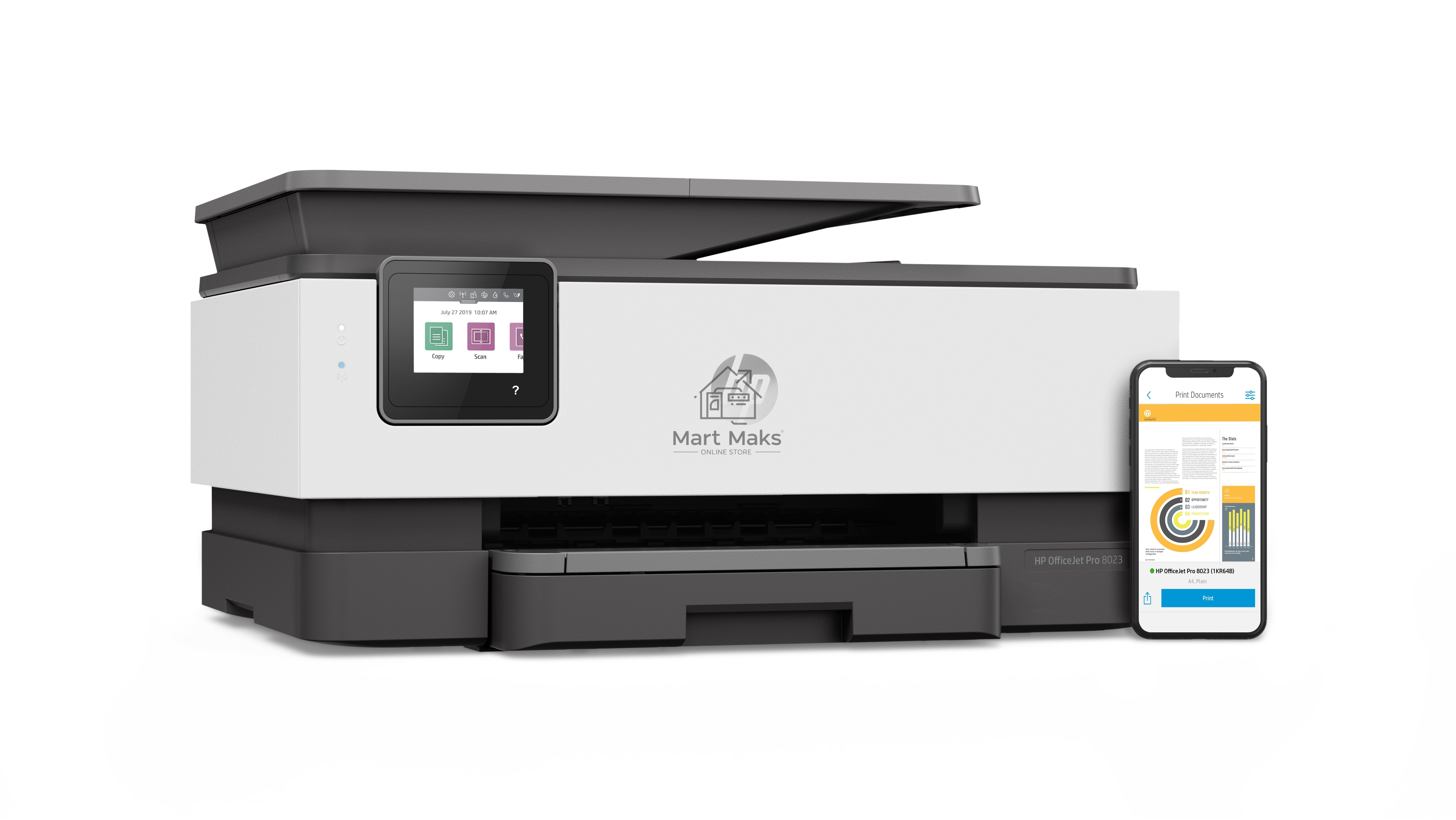 МФУ струйный HP OfficeJet 8023 (1KR64B), A4, цвтной, печ. до 20 стр/мин. (ч/б), до 10 стр/мин. (цвет), скан. до 8 стр/мин. (ч/б) 3.5 стр/мин. (цвет), 1200 x 1200 dpi, USB, RJ-45, Wi-Fi, Air Print