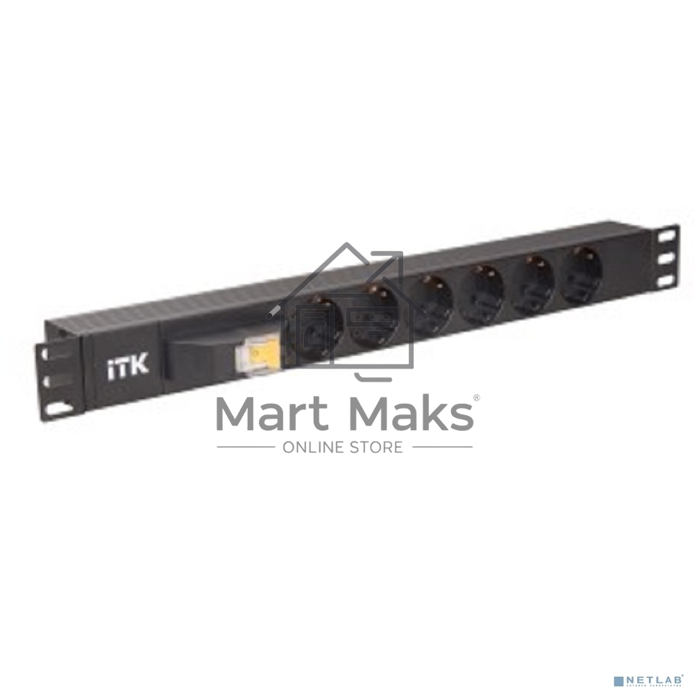 Блок ITK PDU 6 розеток DIN49440 (нем. cтанд.), с автоматом на 10А,1U, без шнура, вх. IEC320 C14, алюминиевый профиль, черный
