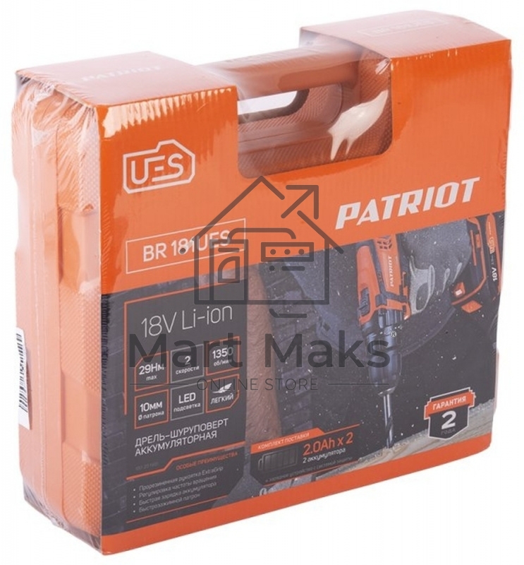 Дрель-шуруповерт Patriot BR 181UES, Аккумуляторная, 21В, 2 АКБ, Кейс