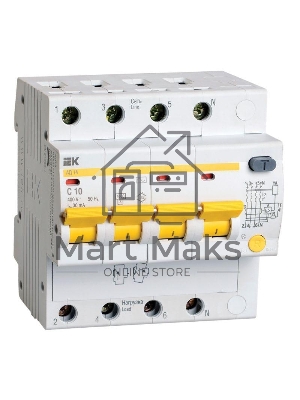Выключатель автоматический дифференциального тока 4п C 10А 30мА тип AC 4.5кА АД-14 ИЭК MAD10-4-010-C-030