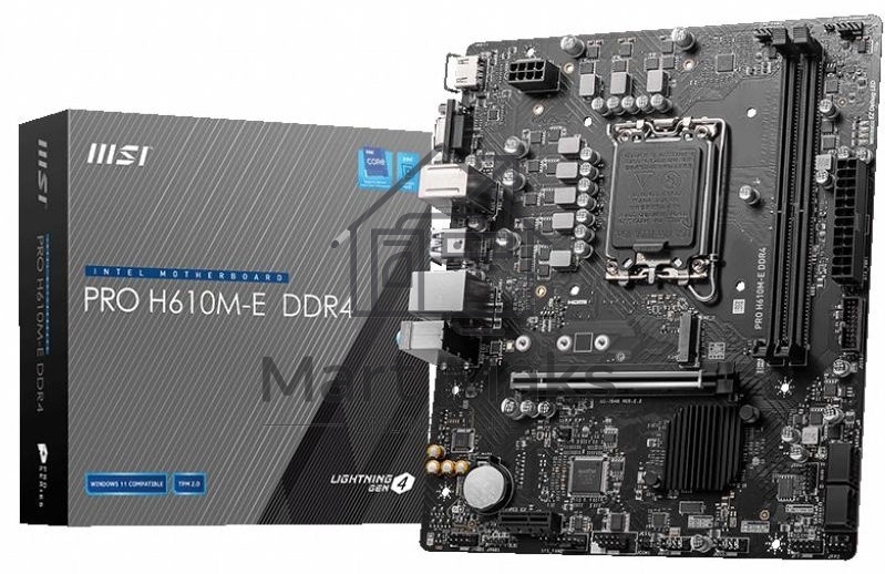 Материнская плата MSI PRO H610M-E DDR4, LGA 1700, Intel H610, 2xDDR4, 4xSATA, 1xM.2, 1xPCIe 4.0 x16, 1xPCIe 4.0 x1, 1xHDMI, 1xVGA, 1xRJ45 1Gb, 2xUSB-A 3.2 Gen 1, 4xUSB-A 2.0, 3x3.5мм, 7.1, mATX
