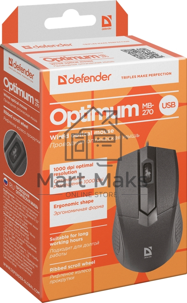 Мышь проводная Defender Optimum MB-270 черный, 1000 dpi, USB, кнопки - 3