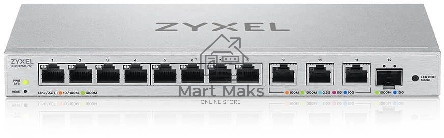 Мультигигабитный Smart L2 коммутатор Zyxel XGS1250-12, 8xGE, 3x1/2,5/5/10G, 1xSFP+, кнопка LED ECO Mode, настольный